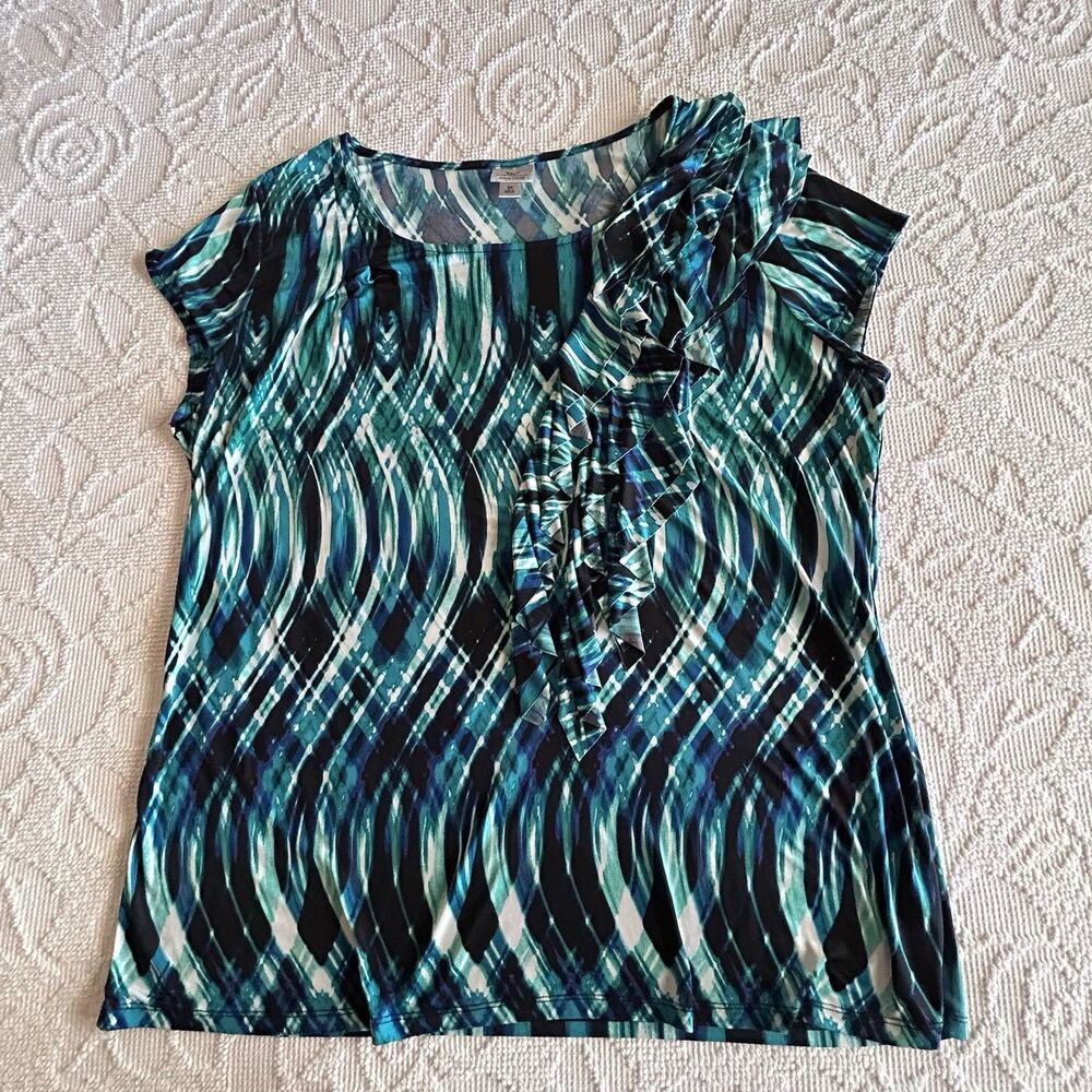 Worthington Woman Tunic Blouse Bold Geometric Stretch Cap Sleeve Size 2X